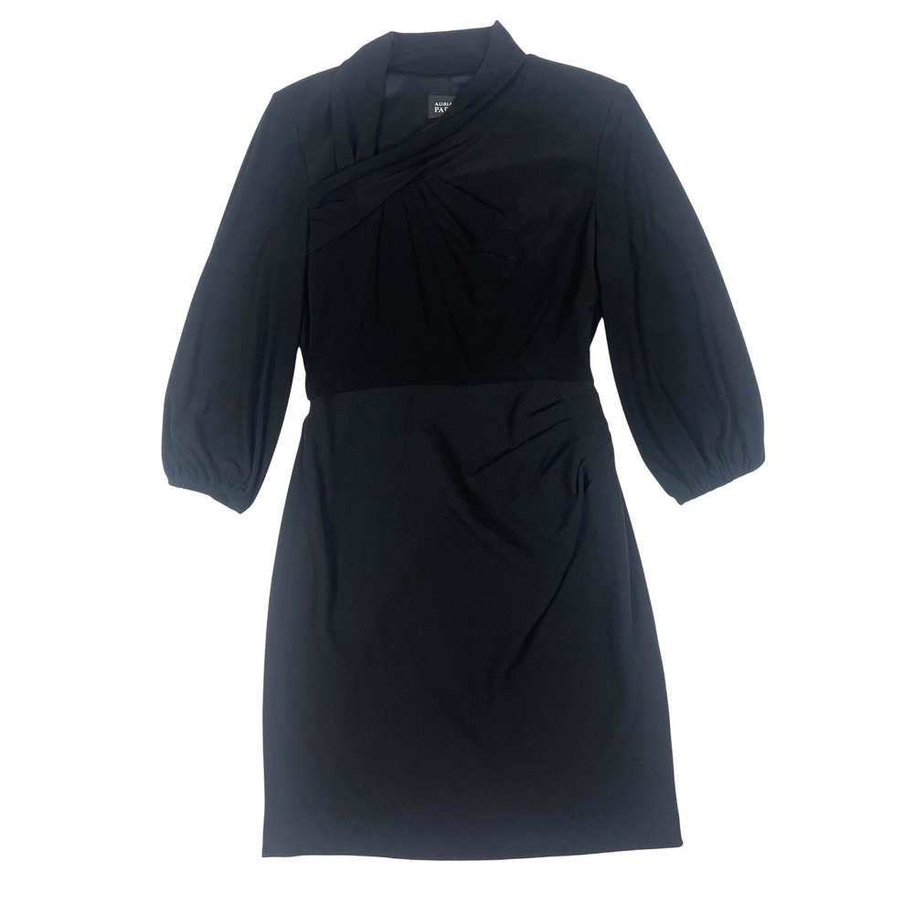 Adrianna Papell Black Sheath Dress Asymmetrical Neck 3/4 Puff Sleeve Size 4
